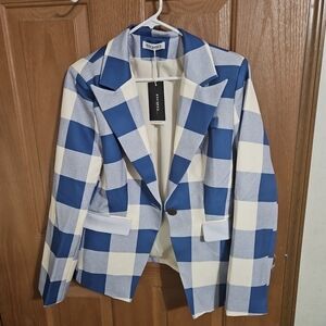 UOOZEE Women's Blazer in Blue and Cream Check
